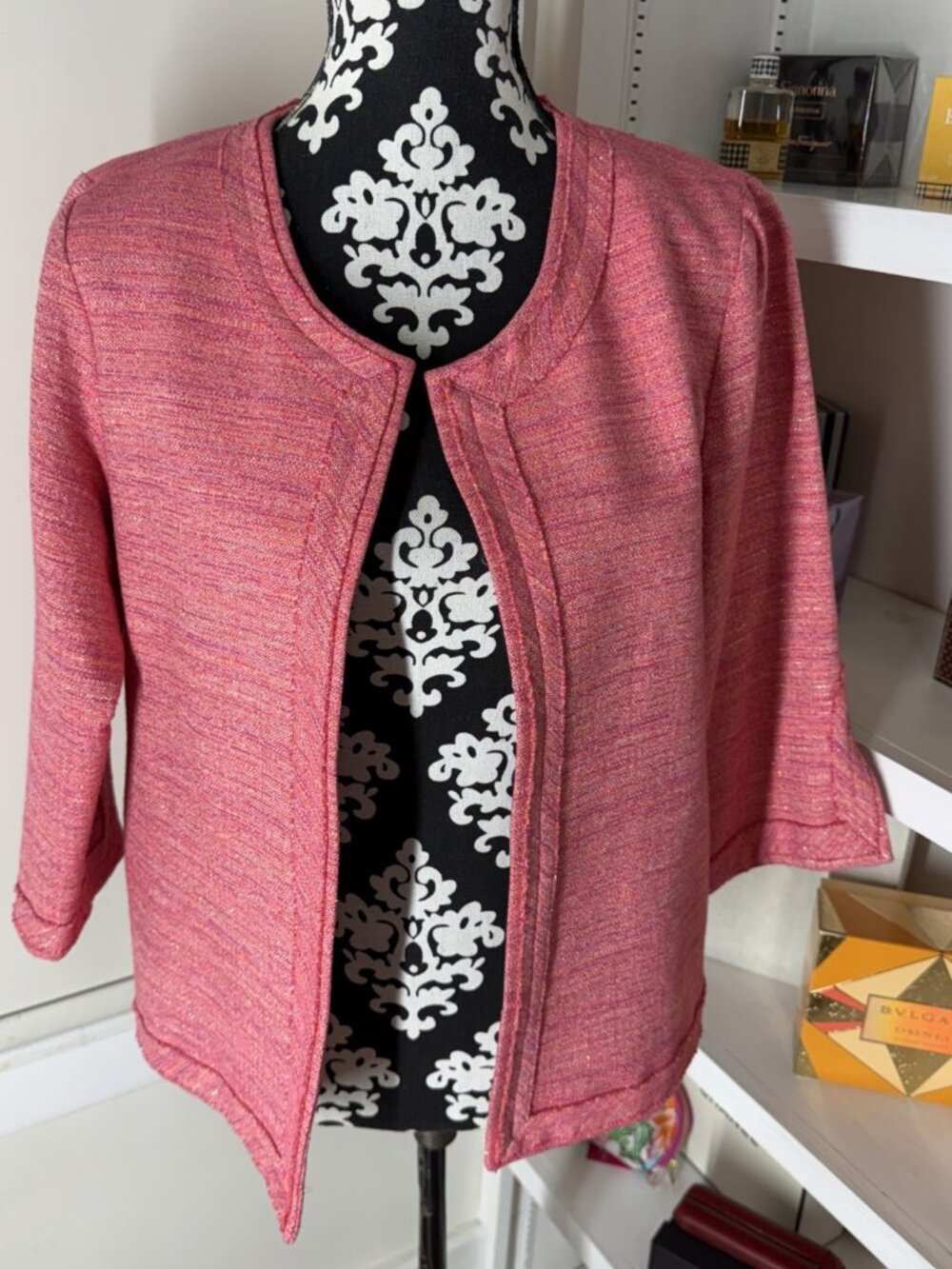 Britt Ryan Woman’s L Metallic Pink Open 3/4 Sleeves Jacket Blazer Perfect Weaved